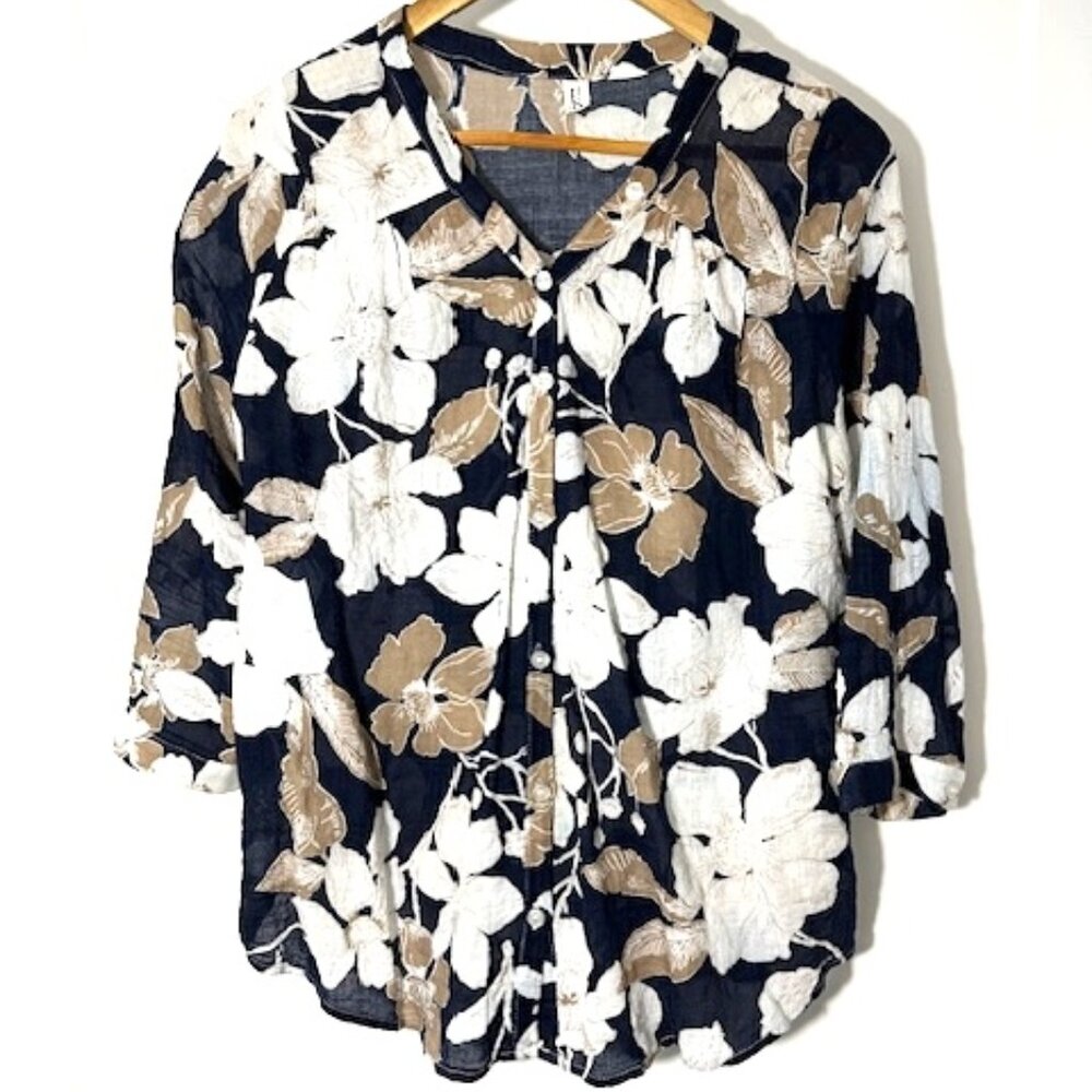 Floral Summer Navy Tan Blouse